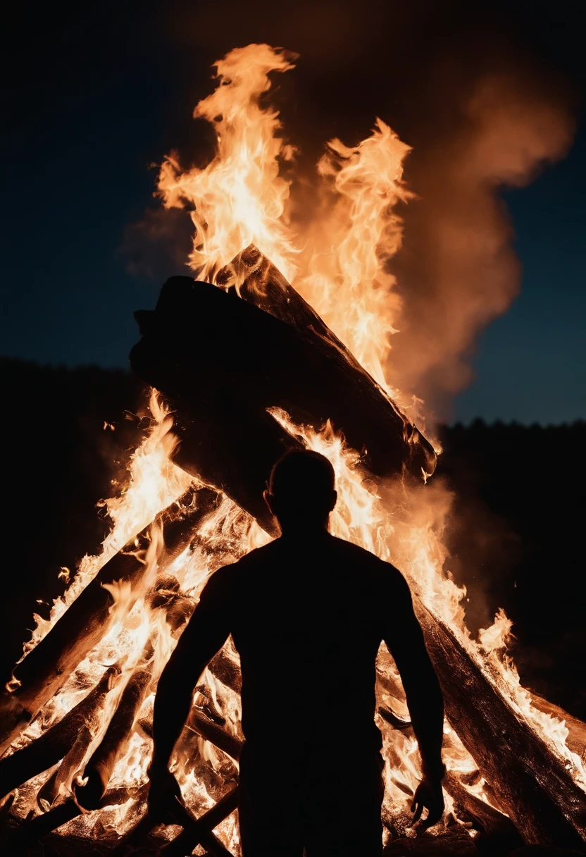 a silhouette shot of someone or something against the backdrop of a roaring bonfire, highlighting the contrast between the dark figure and the intense brightness of the fire