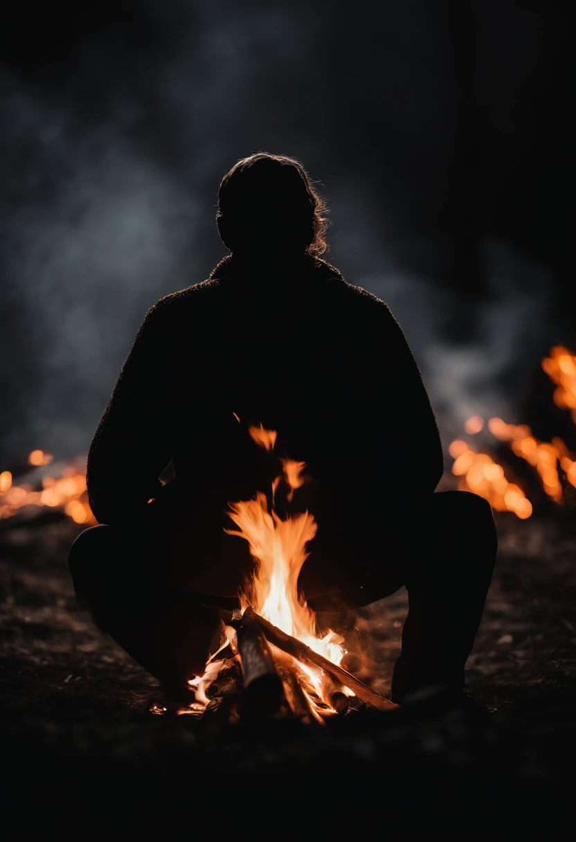 a silhouette shot of someone or something against the backdrop of a roaring bonfire, highlighting the contrast between the dark figure and the intense brightness of the fire