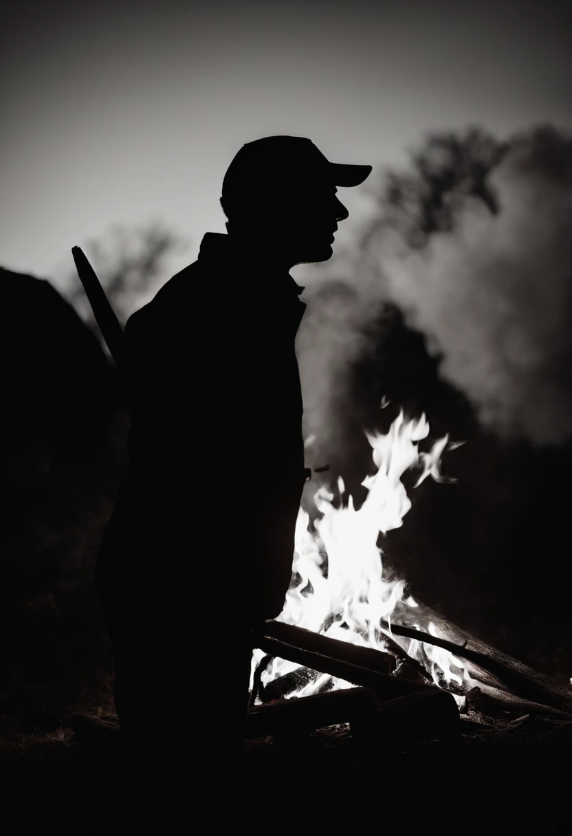 a silhouette shot of someone or something against the backdrop of a roaring bonfire, highlighting the contrast between the dark figure and the intense brightness of the fire