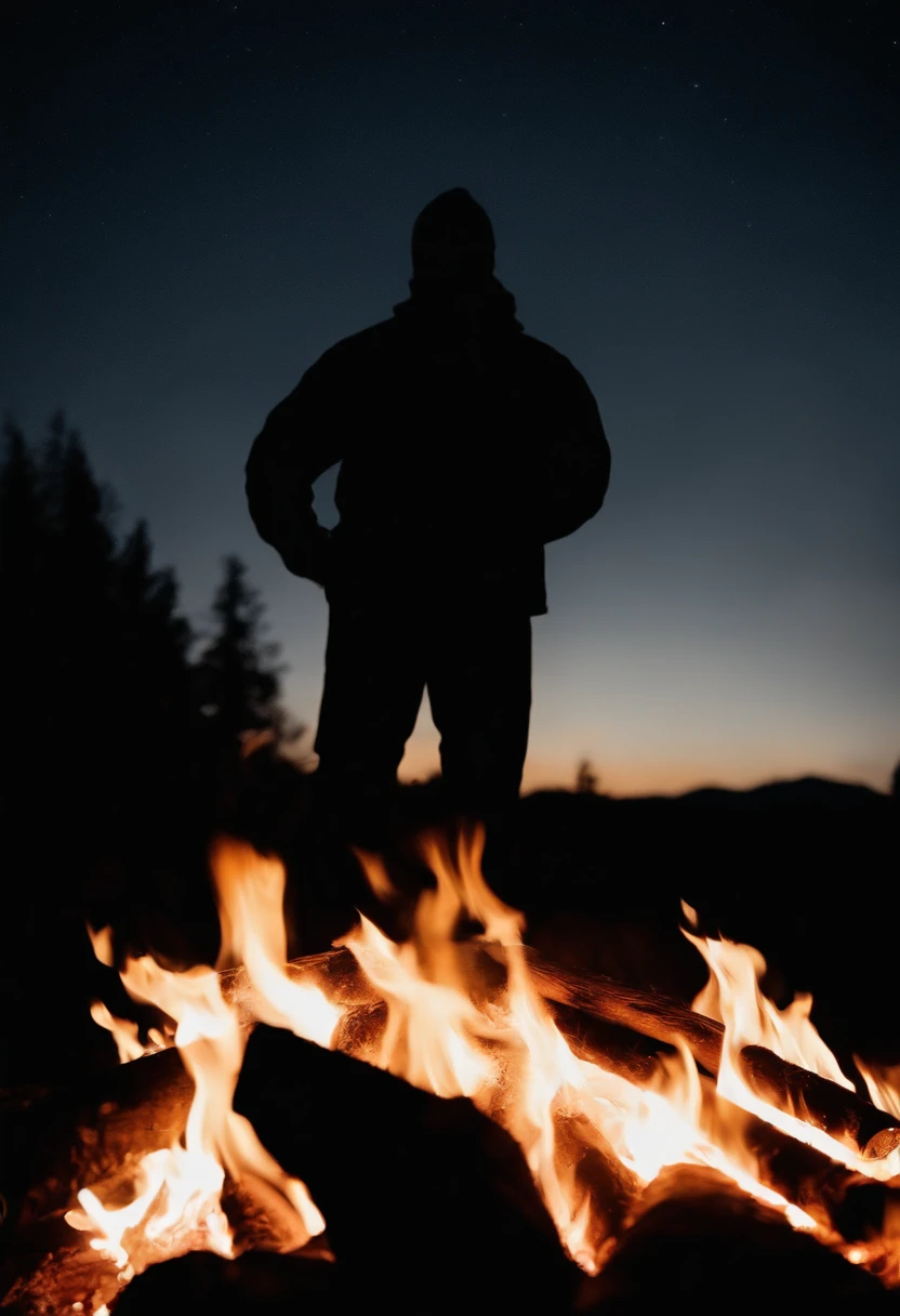 a silhouette shot of someone or something against the backdrop of a roaring bonfire, highlighting the contrast between the dark figure and the intense brightness of the fire