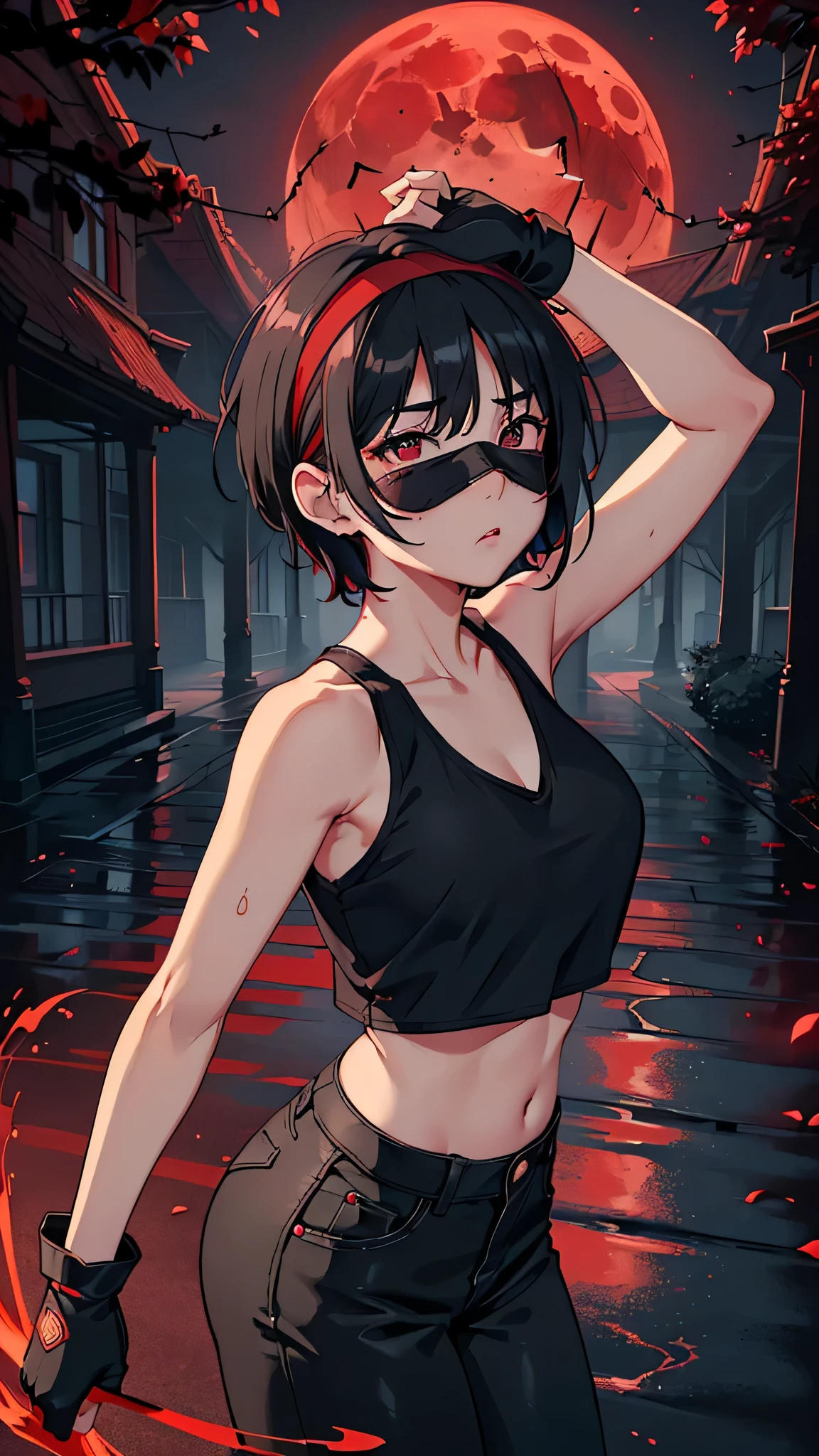 最high quality、best image quality、masterpiece、teenage girl((18-year-old、 By becoming、vest bust、medium bust,wide open breast tea、black eye, black hair、shortcut、short hair、thin,highest valley、Perforated gloves、blindfold headband、My whole body is full of scars、black tank top、red pants)),high quality、beautiful art、background((Dark road、Red rain、red lighting、Red Moon)),debris flies、Depth of written boundary、movie、visual art、perfect art、8K,genuine
