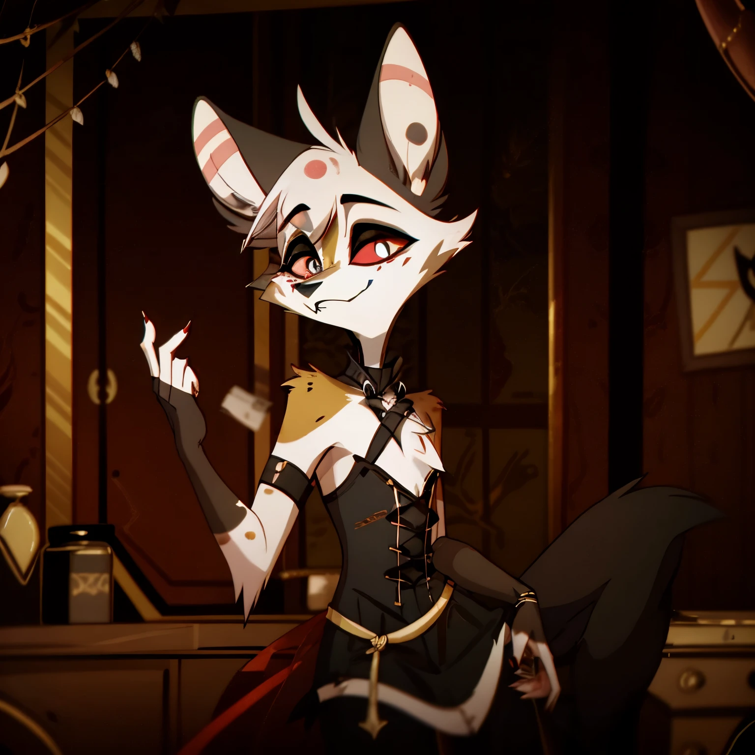 The stunning male demon in the Hazbin Hotel universe draws inspiration from the African wild dog, exuding a captivating and edgy beauty. Dressed in gothic fashion, he commands attention with his dark attire and commanding presence. His piercing eyes and sharp features add to his mysterious and charismatic nature. With powerful movements, he leaves a lasting impression, embodying a unique blend of wild allure and dark elegance in the Hazbin Hotel world.