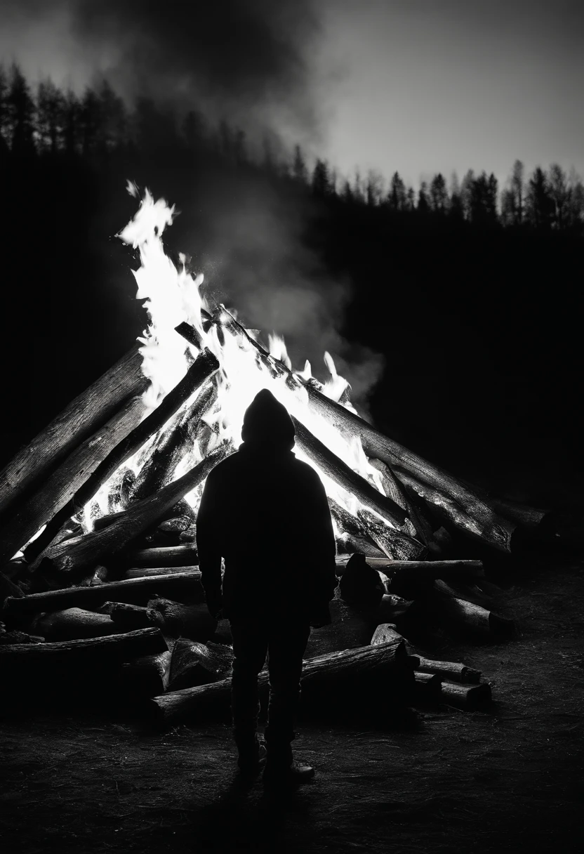 a silhouette shot of someone or something against the backdrop of a roaring bonfire, highlighting the contrast between the dark figure and the intense brightness of the fire