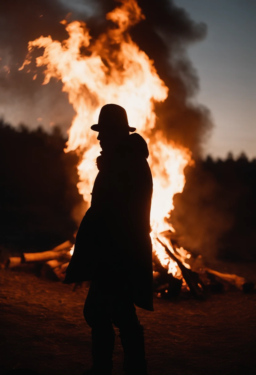 a silhouette shot of someone or something against the backdrop of a roaring bonfire, highlighting the contrast between the dark figure and the intense brightness of the fire