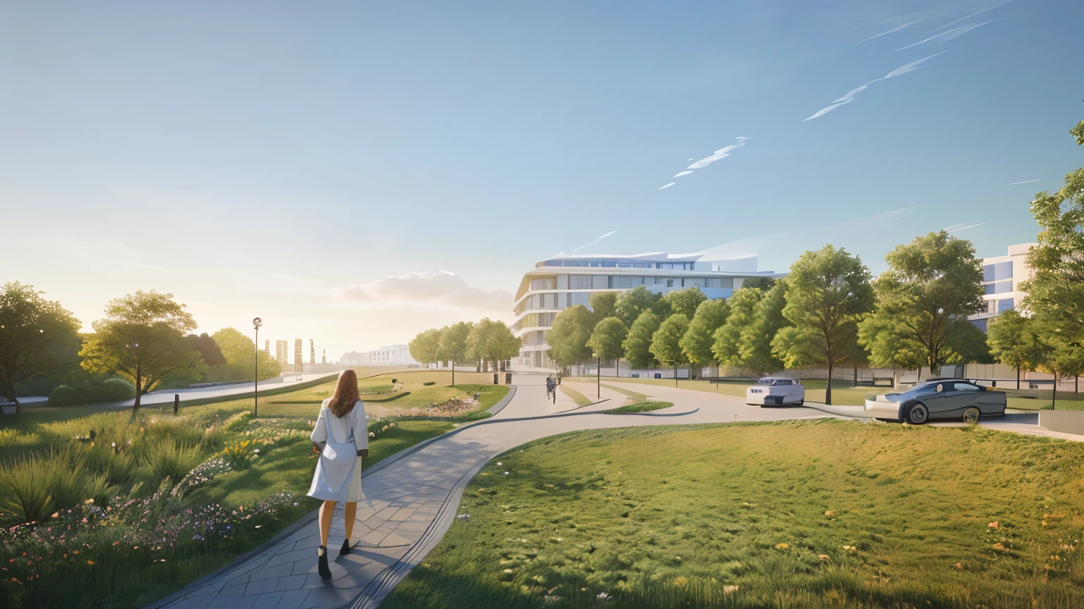 there is a woman walking down a path in a park, photo from 2022, wide angle exterior 2022, digital rendering, mantra rendering, rendering, architectural rendering, artistic impression, by Jakob Gauermann, near the beach, ground view shot, artist's impression, artist impression, photorealistic”, photorealistic ”, medical research facility, detailed rendering