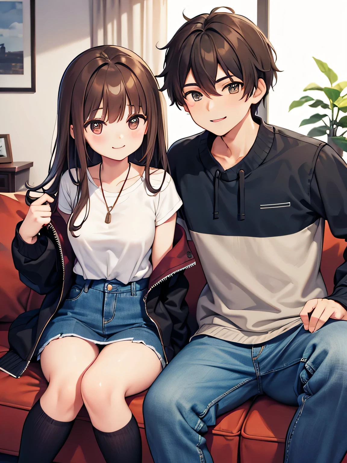 (1) a couple is sitting on a sofa.
(2) The woman is a high school girl with brown hair and wearing a miniskirt uniform.。.
(3) The man is wearing a jacket and denim pants.
(4) both are laughing.
(5) The location is the sofa in the living room of the apartment..
