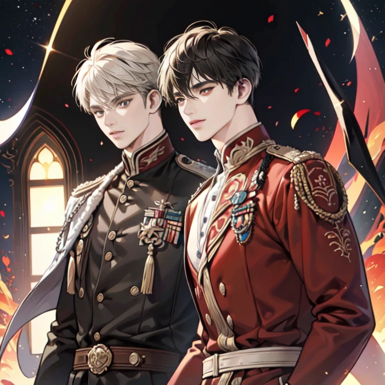 colorful, masterpiece, high quality, sharp, auto focus, looking at something else, ((2 men)),( Gay Men,Yaoi Male), Handsome brothers, empty eyes, Ruby-shaped pupils, shining eyes, evil smile, man&#39;s face,male hair, pixie cut, Hair above the eyes, hair between eyes,Old commander's uniform, Upper body, cinematic, Particle Light, best shadow, ray tracing, very detailed