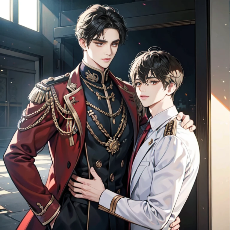 colorful, masterpiece, high quality, sharp, auto focus, looking at something else, ((2 men)),( Gay Men,Yaoi Male), Handsome brothers, empty eyes, Ruby-shaped pupils, shining eyes, evil smile, man's face,male hair, pixie cut, Hair above the eyes, hair between eyes,Old commander's uniform, Upper body, cinematic, Particle Light, best shadow, ray tracing, very detailed