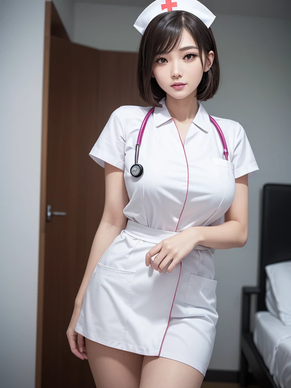 (1 Ultimate Beautiful Nurse)、very detailed顔、Detailed thick lips、fine eyes、double eyelid、((brunette bob hair))、Hide your forehead with bangs, (white nurse uniform)、(nurse&#39;s white headdress), (glamorous body)、(huge breasts)、smile、thighs thighs, that&#39;s right, perfect image realism, With background: (hospital room:1.2), cowboy shot, detailed background, detailed costume, perfect lighting、hyper realism、(Photoreal:1.4)、8K maximum resolution, (masterpiece), very detailed, Professional