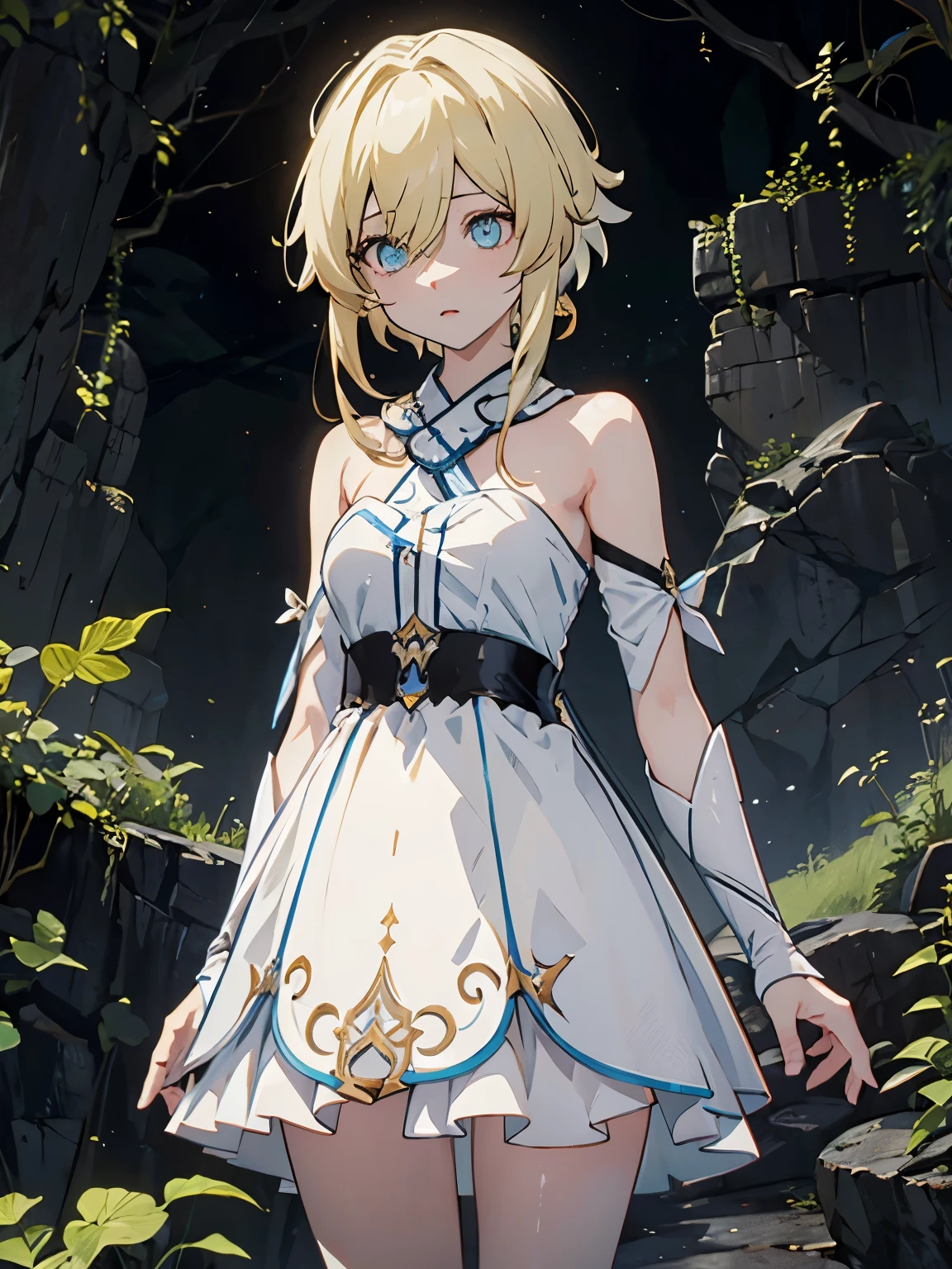 { masterpiece } { Background = Horror theme : in a dark creepy cave } { Character = Lumine (Genshin Impact) : fit body : blonde hair : white dress : open eyes : suprised : 😮 }