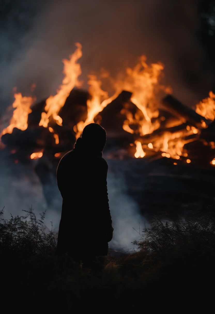 a silhouette shot of someone or something against the backdrop of a roaring bonfire, highlighting the contrast between the dark figure and the intense brightness of the fire