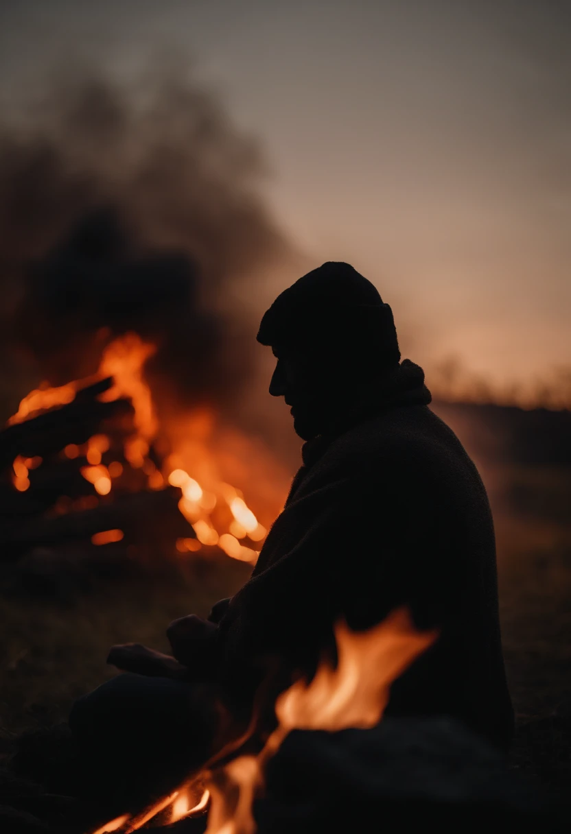 a silhouette shot of someone or something against the backdrop of a roaring bonfire, highlighting the contrast between the dark figure and the intense brightness of the fire