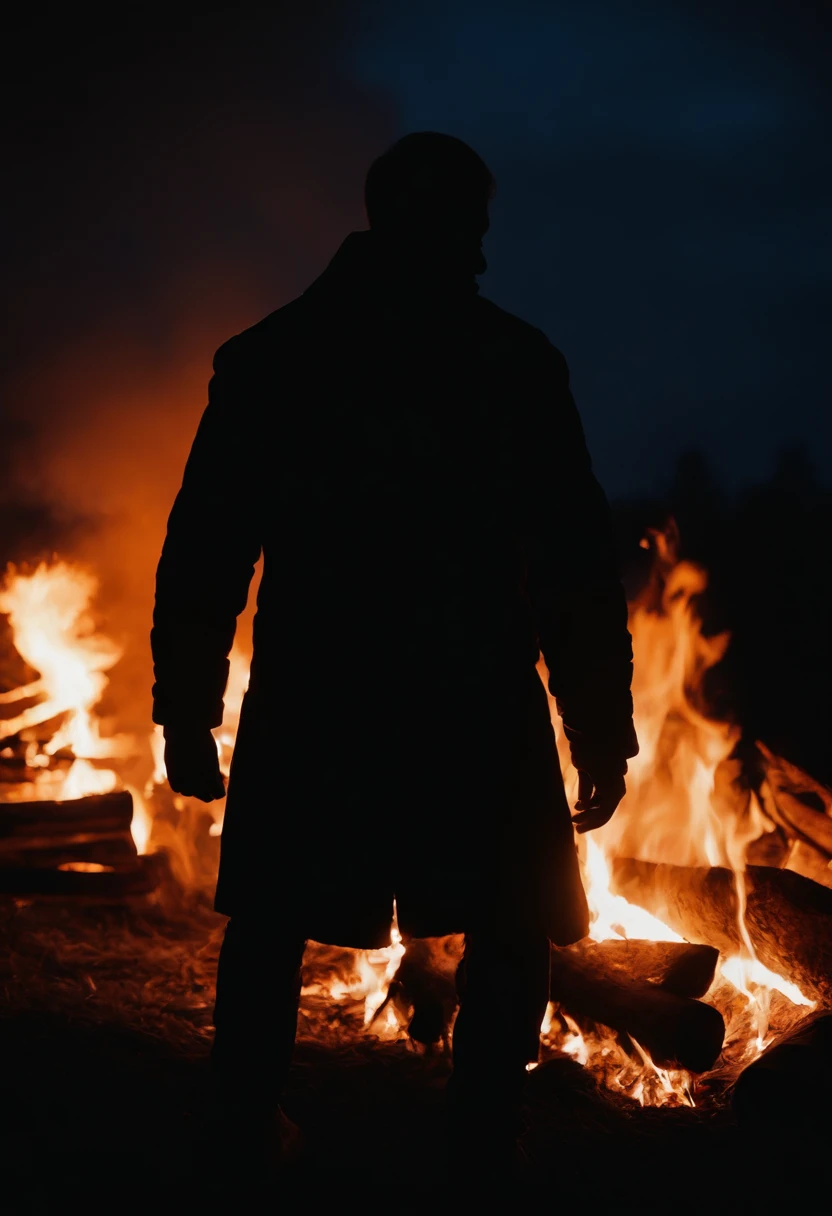 a silhouette shot of someone or something against the backdrop of a roaring bonfire, highlighting the contrast between the dark figure and the intense brightness of the fire