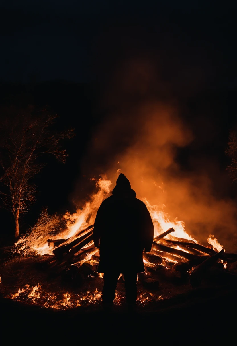 a silhouette shot of someone or something against the backdrop of a roaring bonfire, highlighting the contrast between the dark figure and the intense brightness of the fire