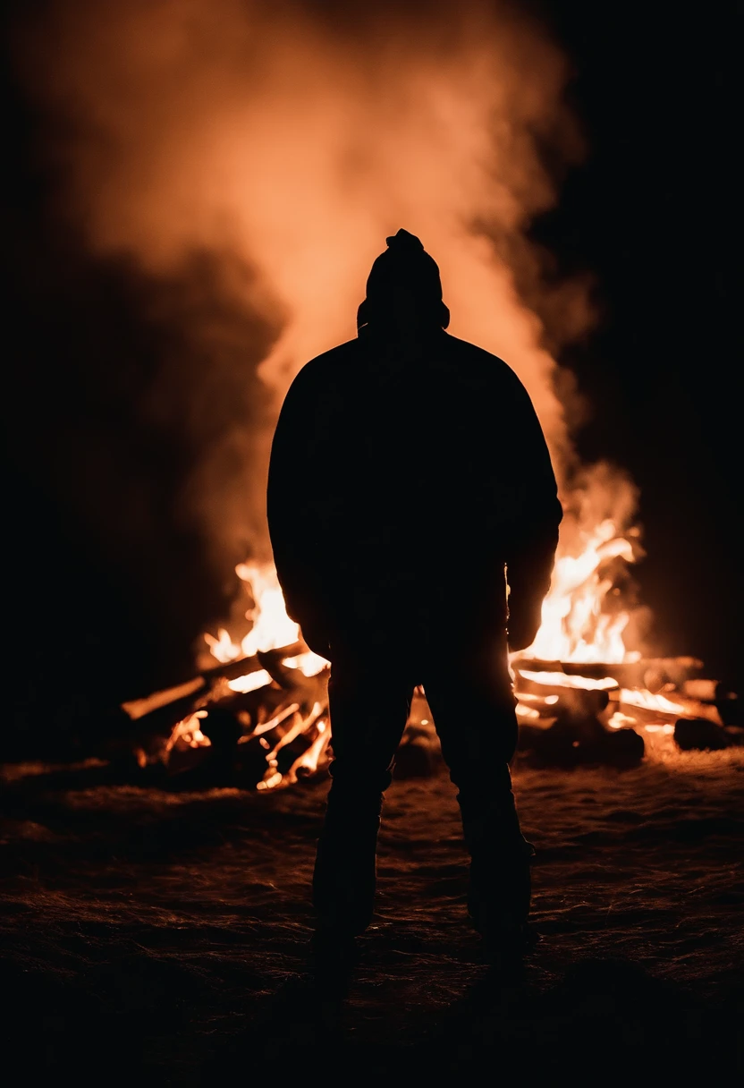 a silhouette shot of someone or something against the backdrop of a roaring bonfire, highlighting the contrast between the dark figure and the intense brightness of the fire