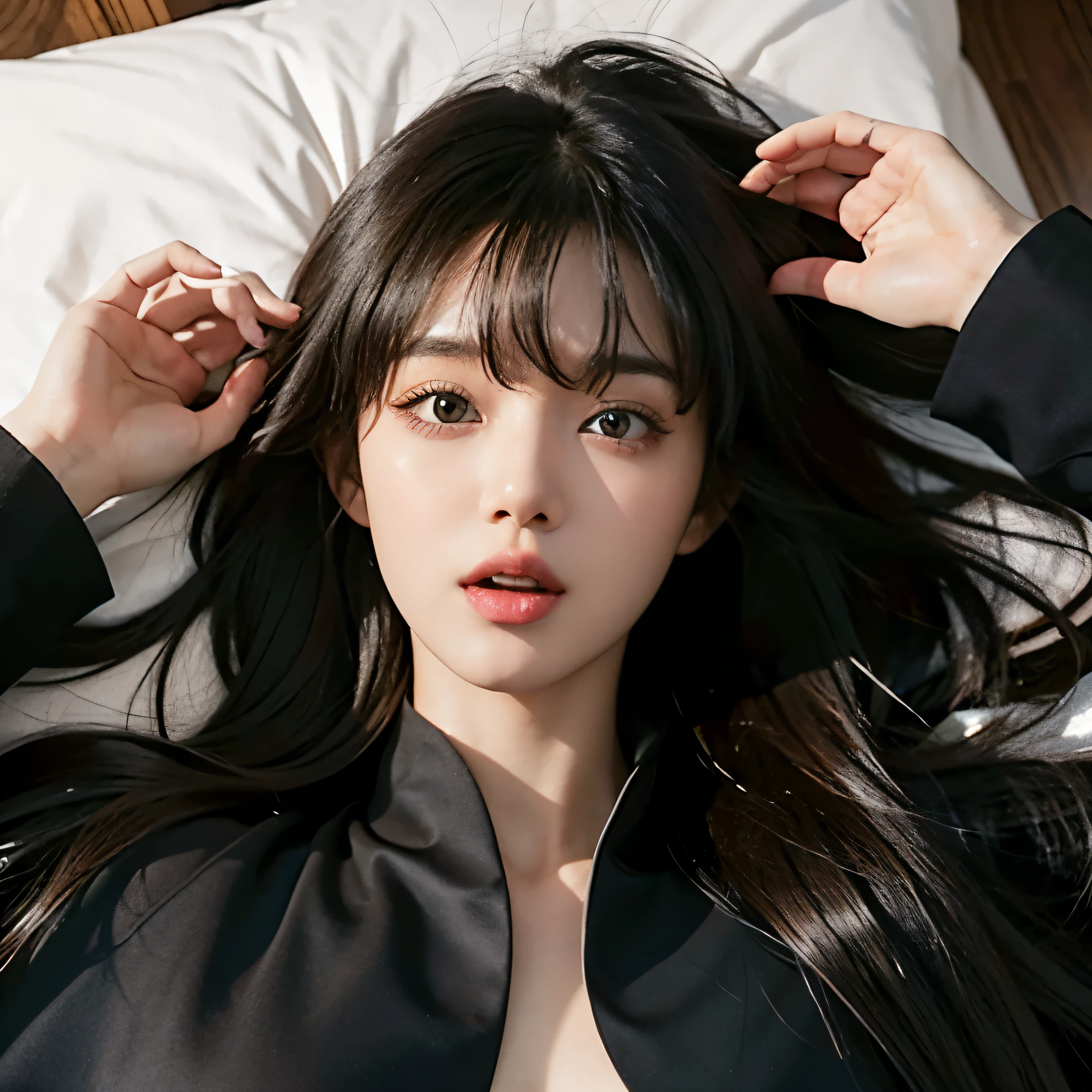 20 year old girl, Slim, long black hair, Hair loose,bangs on her head, Brown eyes, black standing cape, black street coat, perfect breasts, Chest down,Mouth open, Tongue visible,lying on his back on a modern bed, Lying flat, Perspective from above, view from above, portrait