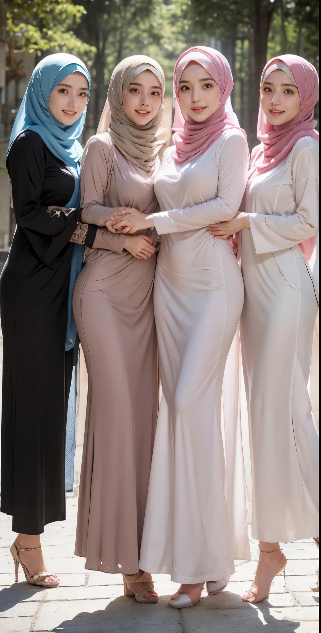 masutepiece, Best Quality, Illustration, Ultra-detailed, finely detail, hight resolution, 8K Wallpaper, Perfect dynamic composition, Multiple people hijab, smile lips, (3 girls Hijab taking photos), (Undressing Nude People hijab), Girls holding hand holding a small bag , looking to the side was laughing, Beautiful detailed eyes, Natural Lip, Wear hijab moslem, Big Breasts, fancy jubba thobbe, photo full body, (close-up photo), view of the blue sky, close-up photo, hand holding a small bag, All people hijab Undressing Nude, all the girls were hand holding a small bag, (Hairy pussy:1.2), Multiple people hijab, (Undressing), (All people hijab Undressing Nude), all People girls hijab nude undressing