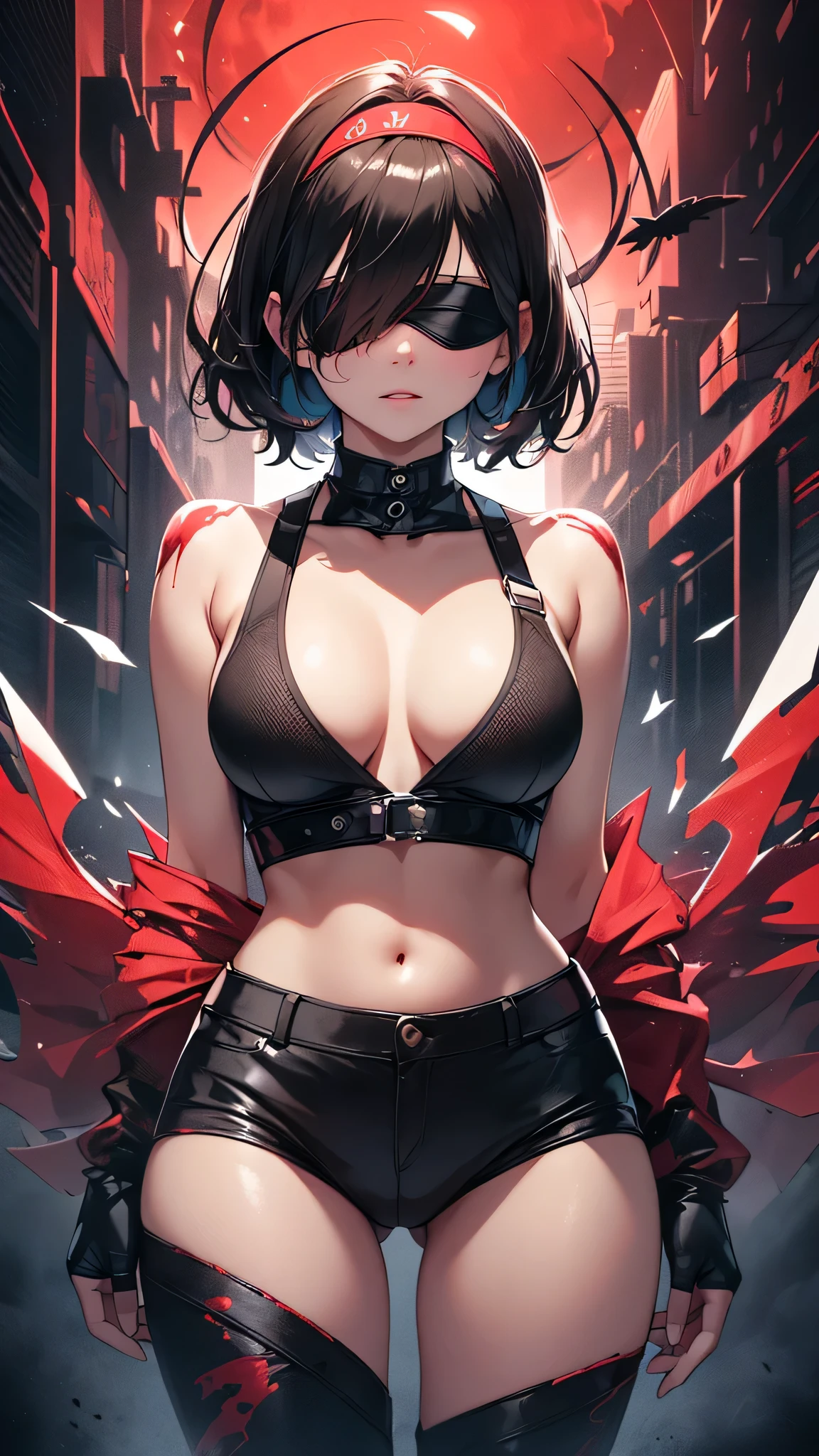 最high quality、best image quality、masterpiece、teenage girl((18-year-old、 By becoming、vest bust、medium bust,wide open breast tea、black eye, black hair、shortcut、short hair、thin,highest valley、Perforated gloves、blindfold headband、My whole body is full of scars、black tank top、red pants)),high quality、beautiful art、background((Dark road、Red rain、red lighting、Red Moon、bloody road)),debris flies、Depth of written boundary、movie、visual art、perfect art、8K,genuine