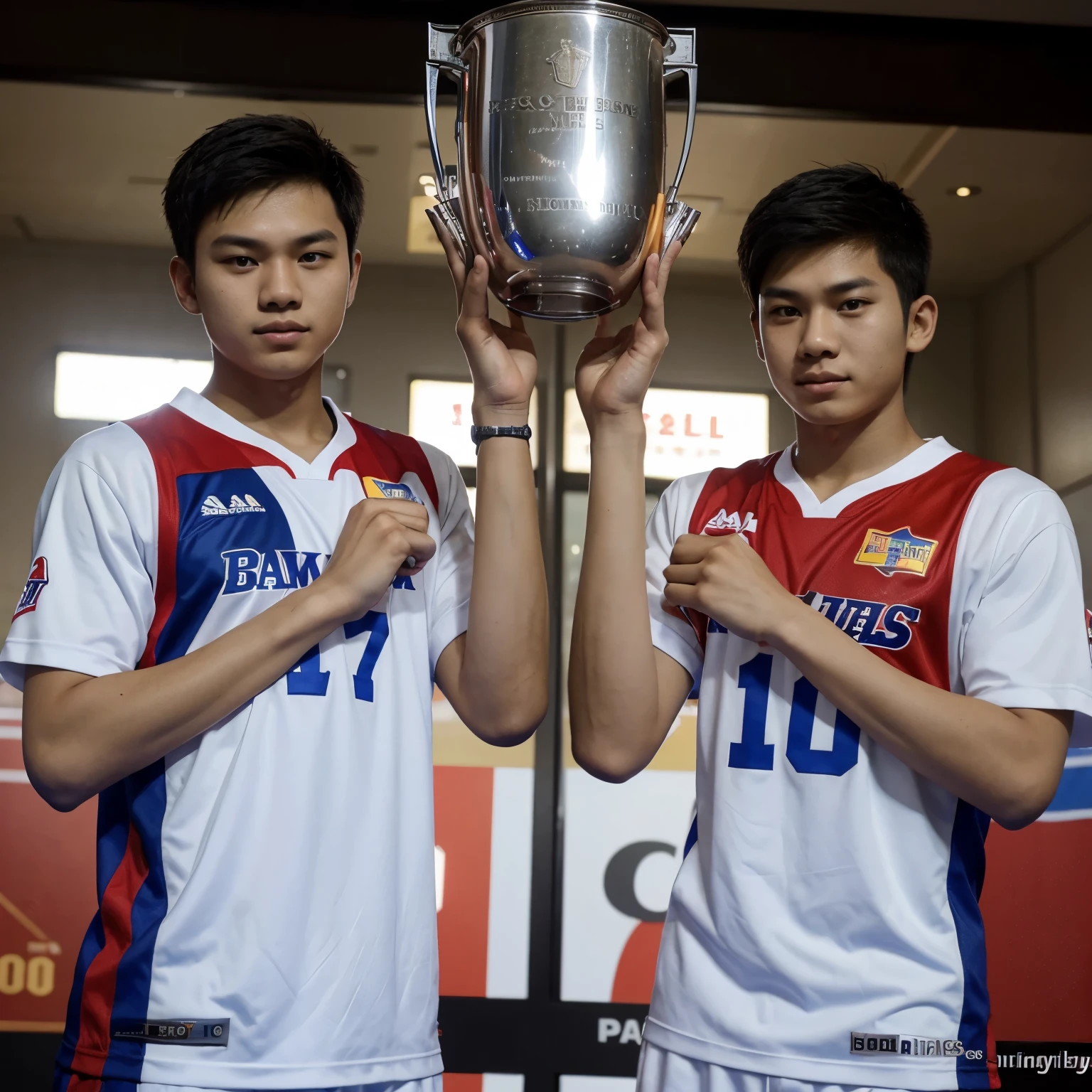 Two  twin boys whose parents are Korean and Indonesian. Carrying the winning trophy with basketball jersey numbers 8 and 9 