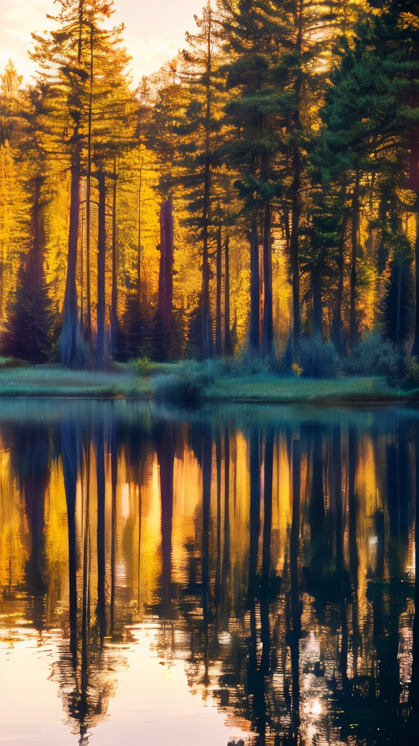 Wallpaper, summer, lake, dawn, pine Forest behind the lake, detailed Les, clouds, masterpiece, Cinematic, soft light, depth of field, ray tracing, Reflection in water, realism, Ulra expand, dramatic lighting, evening