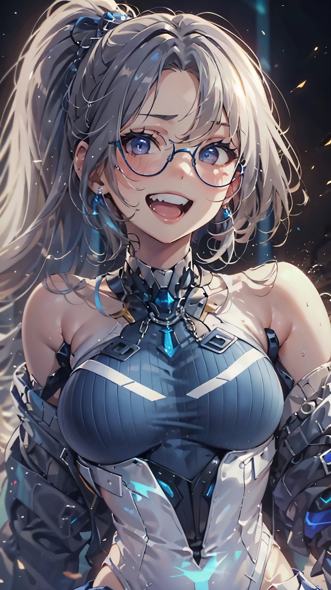 woman,14 years old,,city,night,(((white and blue tight miniskirt bodysuit))),,open mouth smile((See-through))glasses,((beautiful long ponytail)),((Baby girl body shape))