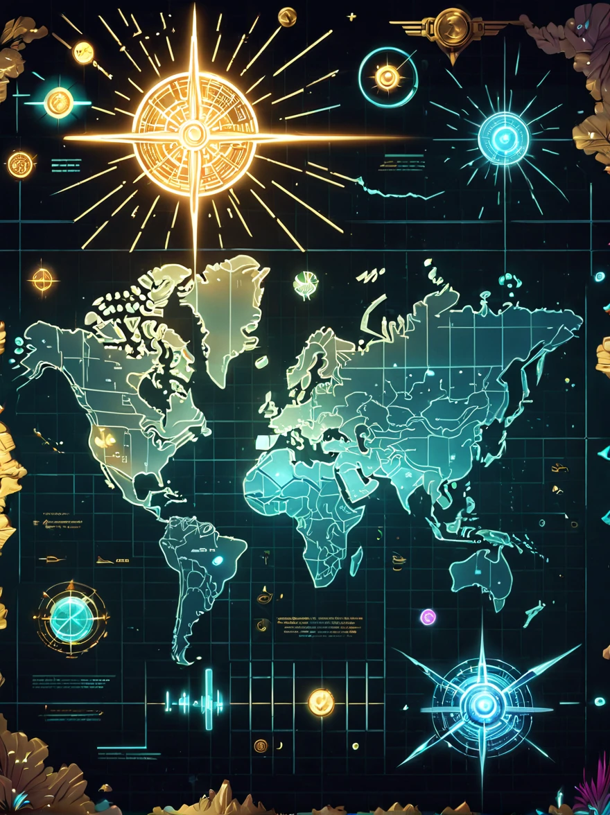 Future science fiction electronic map，High-tech civilization electronic holographic projection map，light and shadow map，Cyberpunk world projection map，(Weird treasure map:1.5)，Treasure map