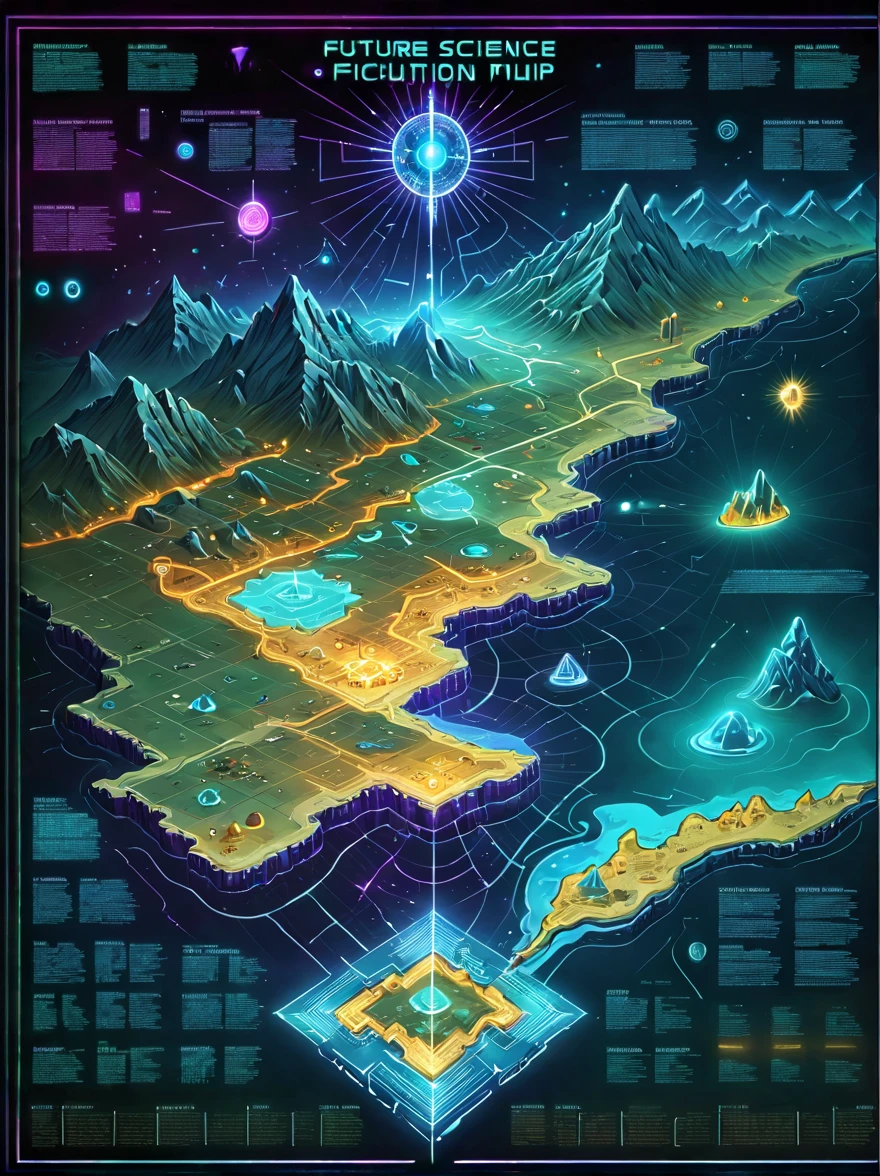 Future science fiction electronic map，High-tech civilization electronic holographic projection map，light and shadow map，Cyberpunk world projection map，(Weird treasure map:1.5)，Treasure map