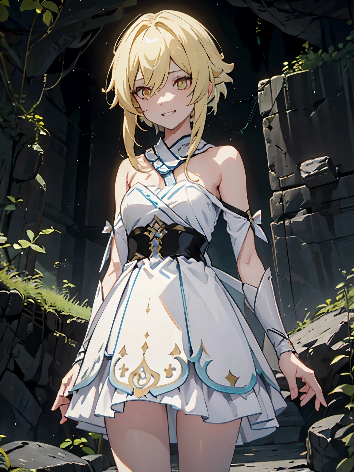 { masterpiece } { Background = Horror theme : in a dark creepy cave } { Character = Lumine (Genshin Impact) : fit body : blonde hair : white dress : evil  eyes : perverted wide grin }