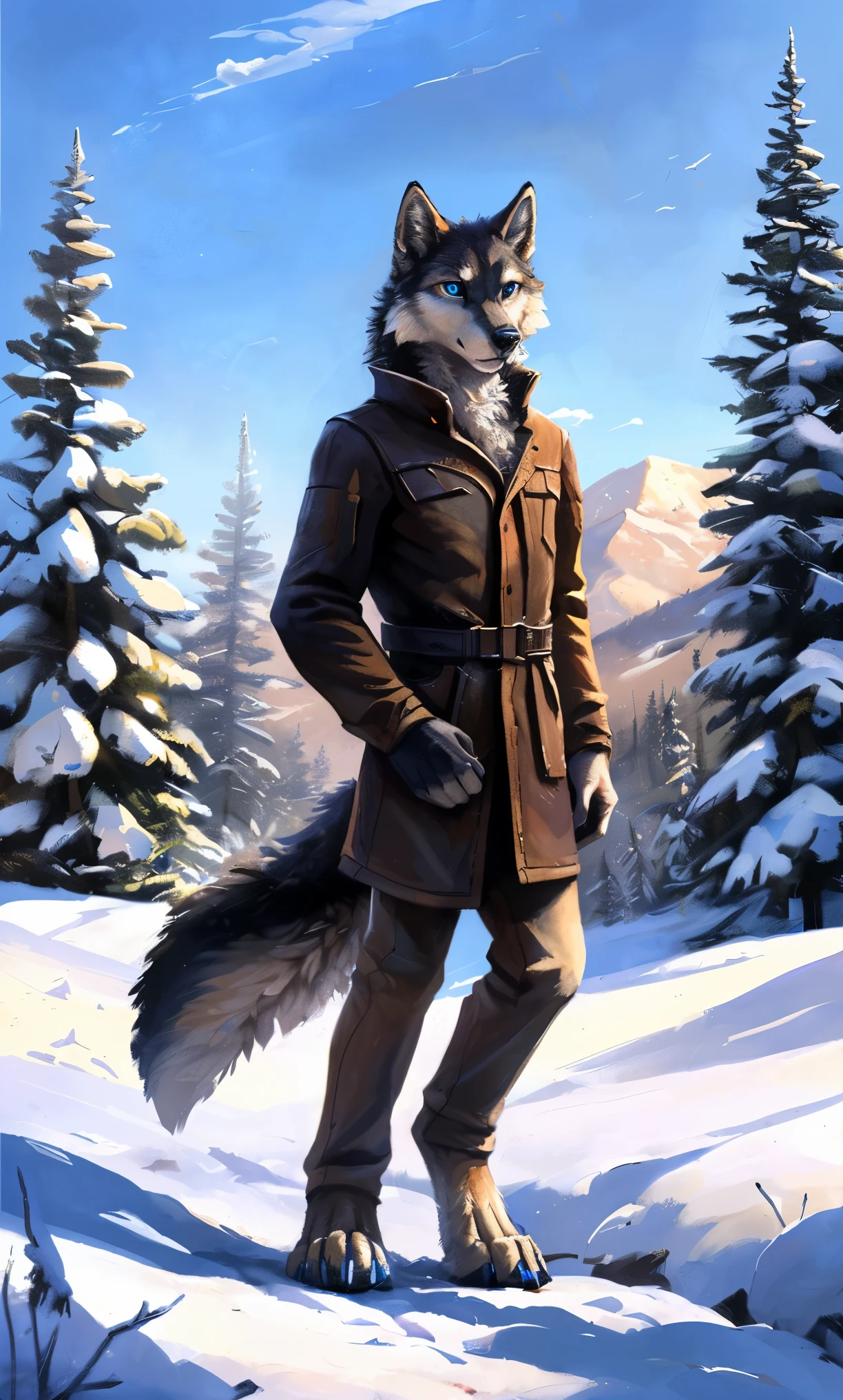 ((Solo)), male people, anthro wolf, (Multi-colored fur, White-brown:1.3，White tail pointed), (Height 2.1m,Tail length 1.2m), ((Wolf face, Big eyes, White eyelids, Blue pupil, Slim:1.2) (Tough, Calm expression:1.2)), Slim, pinging)), (Correct anatomy), (Winter clothing:1.1), The upper body  naked, (detailed outfits),A long big tail，Feet，(Realistic fur, Detailed fur texture, labeled:1.3)), (Natural lighting), Photorealistic, Hyperrealistic, ultradetailed, by Kenket，Snowfield，erect through，Running on