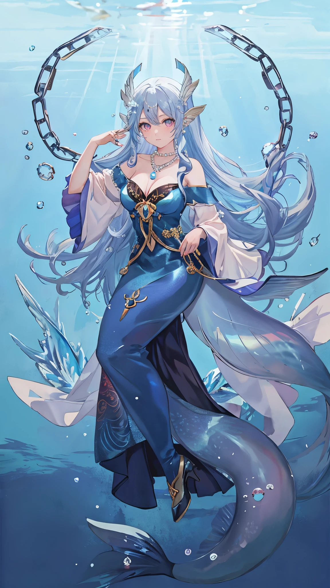 海long blue hair,close up,dream world,Mermaid girl, 海long blue hair,Nice pink eyes,underwater,tear nevus,Mermaid ears,(pearl head chain,necklace),necklace,Long off-the-shoulder blue dress,humanoid, Poseidon temple background, her skin is white, fair complexion,pink eyes,long blue hair, High heel,black legs,tattoo