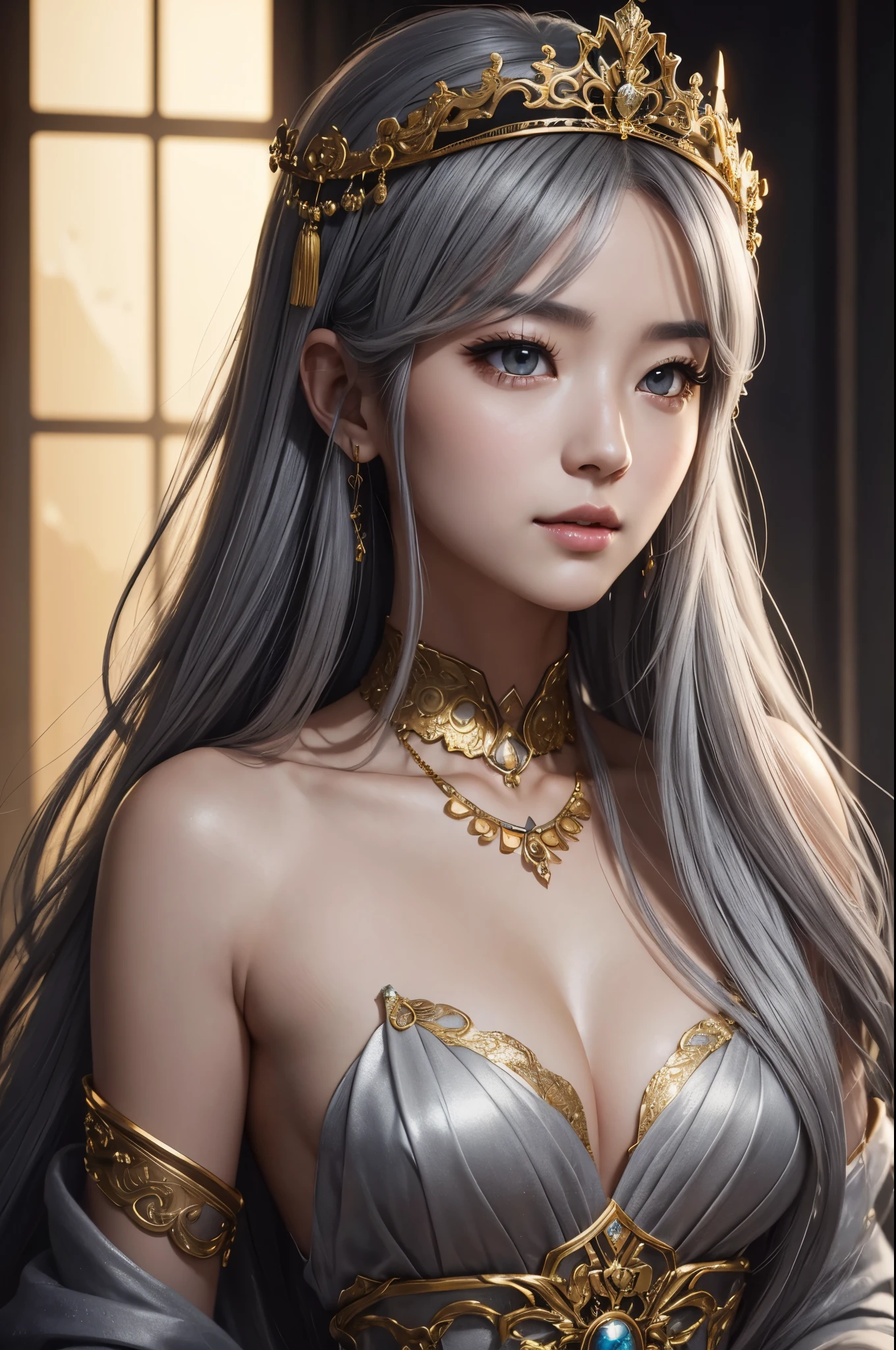 8K,small breasts,gray long hair,黒と金のsexyな衣装を着た女神のClose-up,Super beautiful(like the real thing), beautiful fantasy empress, ((beautiful fantasy empress)), small breasted gray haired welcome. very high detail, extremely detailed ,up to the model | types of bacteria, trending on cgstation, Chenwei Pan On Art Station, Leo gorgeous gray haired beautiful gray haired,Super high resolution,超realistic skin,beautiful expression,fantasy art,laughter(Like the real thing),gray long hair,small breasted ,straight hair,golden eyes,超sexy,rich colors, Backlight, cinematic lighting, film grain, born, 50mm lens, Nikon D850,realistic skin,golden eyes,sexy,sexyなポーズ,Close-up,