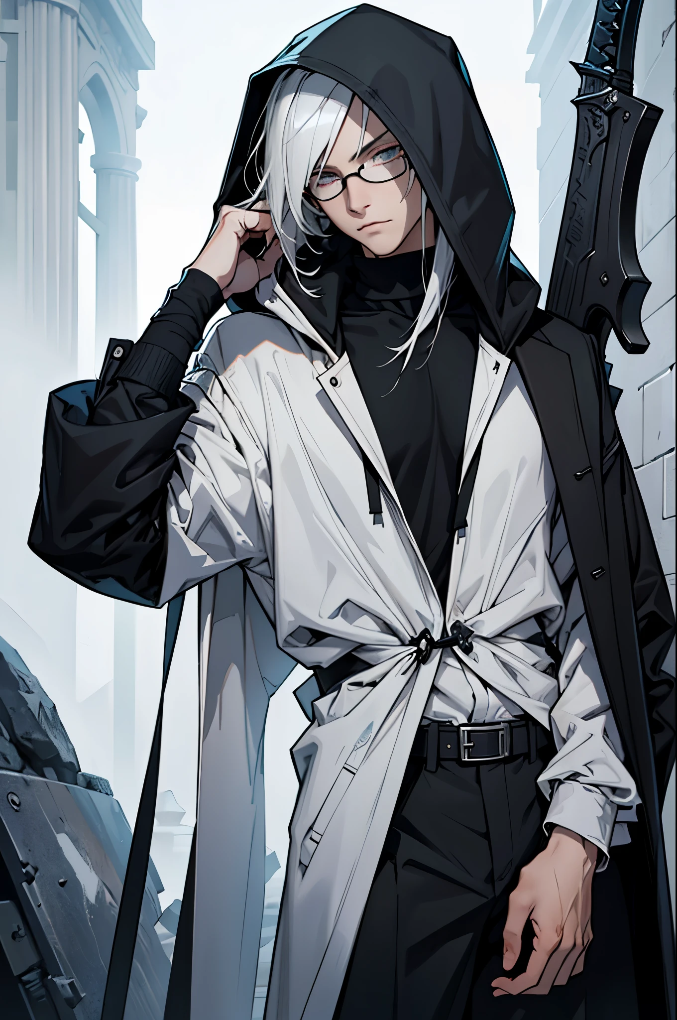 Character 1: Name - Ren, Appearance - tall and slender, with clear facial features and deep tonal eyes. Clothing - dark jacket with a hood and wide trousers, made from comfortable materials. Character - silent, mysterious, but very smart and analytical. Distinctive features - always wears glasses and has a cold gaze. Weapon - long dagger. Ability - darkness.