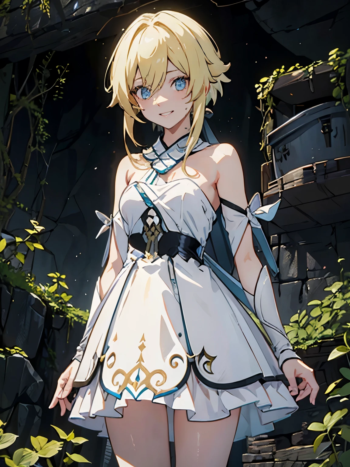 { masterpiece } { Background = Horror theme : in a dark creepy cave } { Character = Lumine (Genshin Impact) : fit body : blonde hair : white dress  : perverted wide grin }