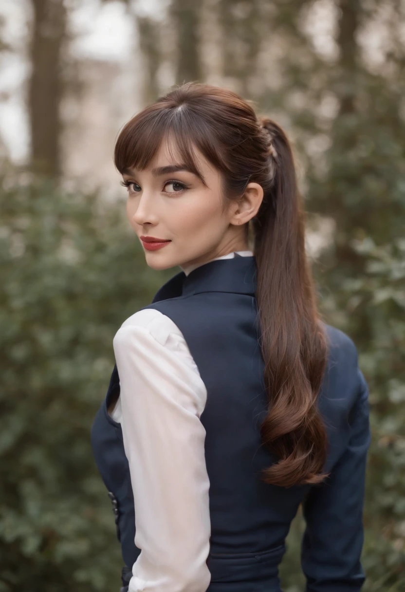 Full body picture, British woman in a suit、Audrey Hepburn, 23 year old beautiful British woman、photo of beautiful woman standing、wearing squirrel ears、hyper quality、High definition、real、16k、4k、white shirt、navy blue vest、Vest button fastening、Dark blue pants、navy blue setup、The hairstyle is short、hair color is brown、highlights in hair、