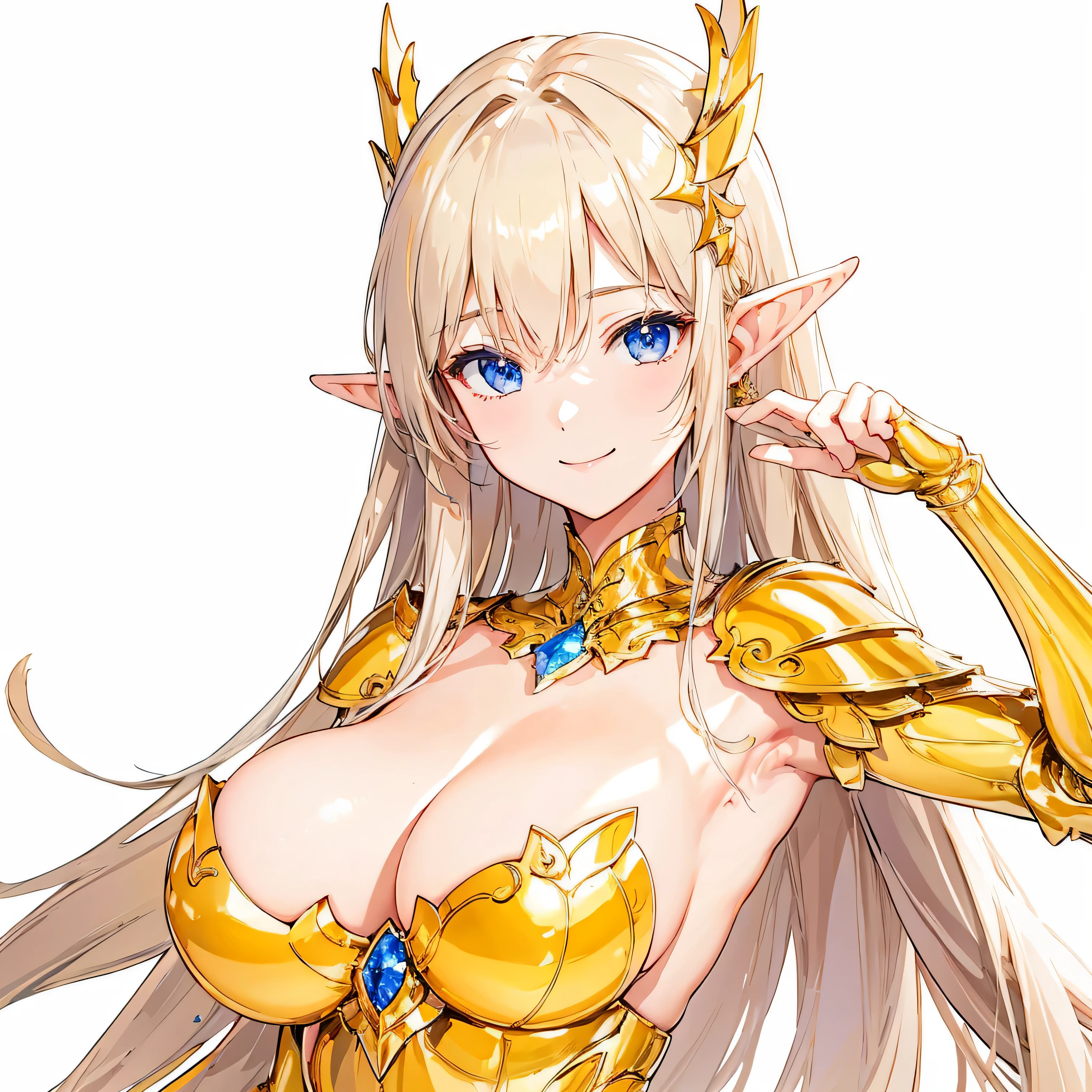 masterpiece、highest quality、very detailed、High resolution、16k、Thin contours、I can see the nipples、chest proportions、elfの女の子、golden armor shines、Sheer white skirt、black pants、very white skin、beautiful fingers、Anime girl very big breasts naked pose、perfect style、elf、No bra、blonde blue eyes、cool smile