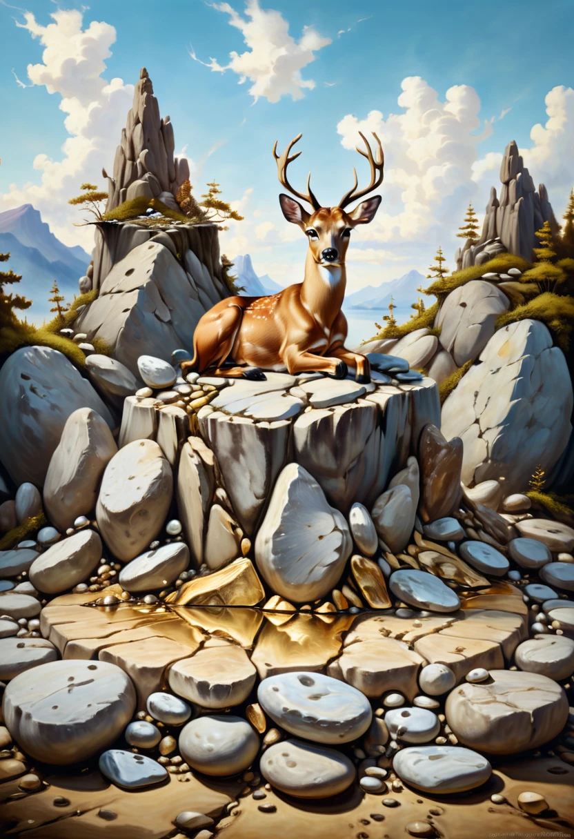 There is a painting，The painting shows a deer sitting on a pile of stones, neosurrealism. Digital art, lie on a golden stone, greek myth digital painting, ultrarealistic digital art, inspired by Vladimir Kush, Inspired by Gediminas Plankevichus, inspired by Kanō Mitsunobu, hyper-realistic illustration, Alena Emani Digital Art