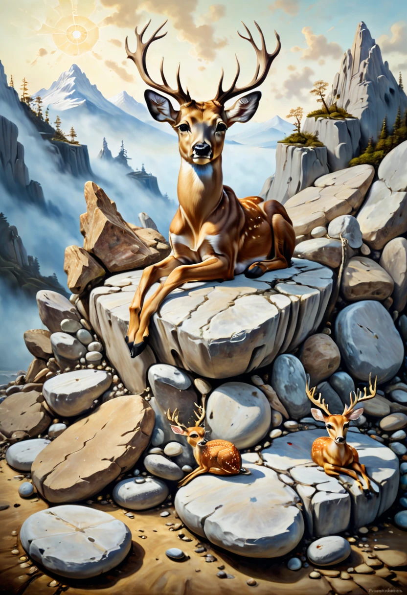 There is a painting,The painting shows a deer sitting on a pile of stones, neosurrealism. Digital art, lie on a golden stone, greek myth digital painting, ultrarealistic digital art, inspired by Vladimir Kush, Inspired by Gediminas Plankevichus, inspired by Kanō Mitsunobu, hyper-realistic illustration, Alena Emani Digital Art