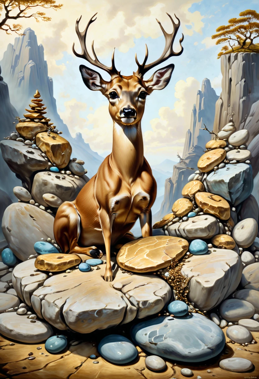 There is a painting，The painting shows a deer sitting on a pile of stones, neosurrealism. Digital art, lie on a golden stone, greek myth digital painting, ultrarealistic digital art, inspired by Vladimir Kush, Inspired by Gediminas Plankevichus, inspired by Kanō Mitsunobu, hyper-realistic illustration, Alena Emani Digital Art