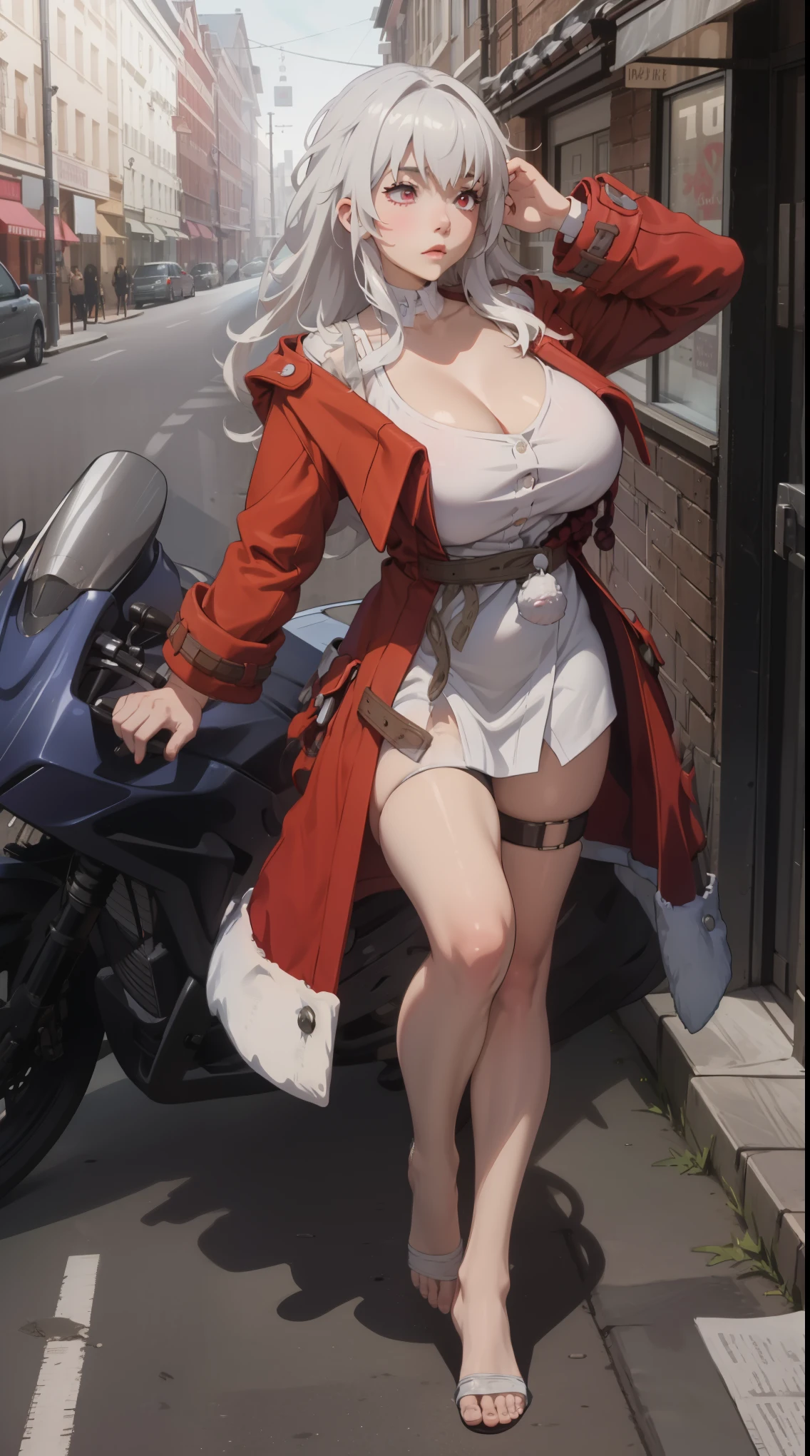 girl, full body, from head to toe, random movement, random pose, (Huge_Breasts:1.3),

klara,1girl,white hair,long hair,red eyes,red coat,white shirt,long sleeves, dress,thigh strap,

 a sexy cartoon girl with very large breasts,