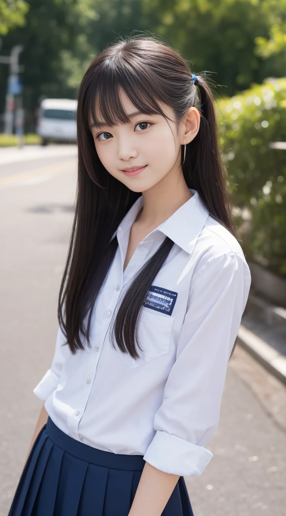 Masterpiece, highest quality, 8k, , Japanese girl, twintails, raw photo, absurdity, award-winning portrait, smile, smile, solo, school uniform, summer uniform, idol face, violace, gardenia, delicate girl , long black hair, dark eyes, upper body, DSLR, looks at the viewer, candid, sophisticated, youthful, thin arms, professional lighting, film grain, chromatic aberration, (eye and face details: 1.0), (bokeh) Taste: 1.1)