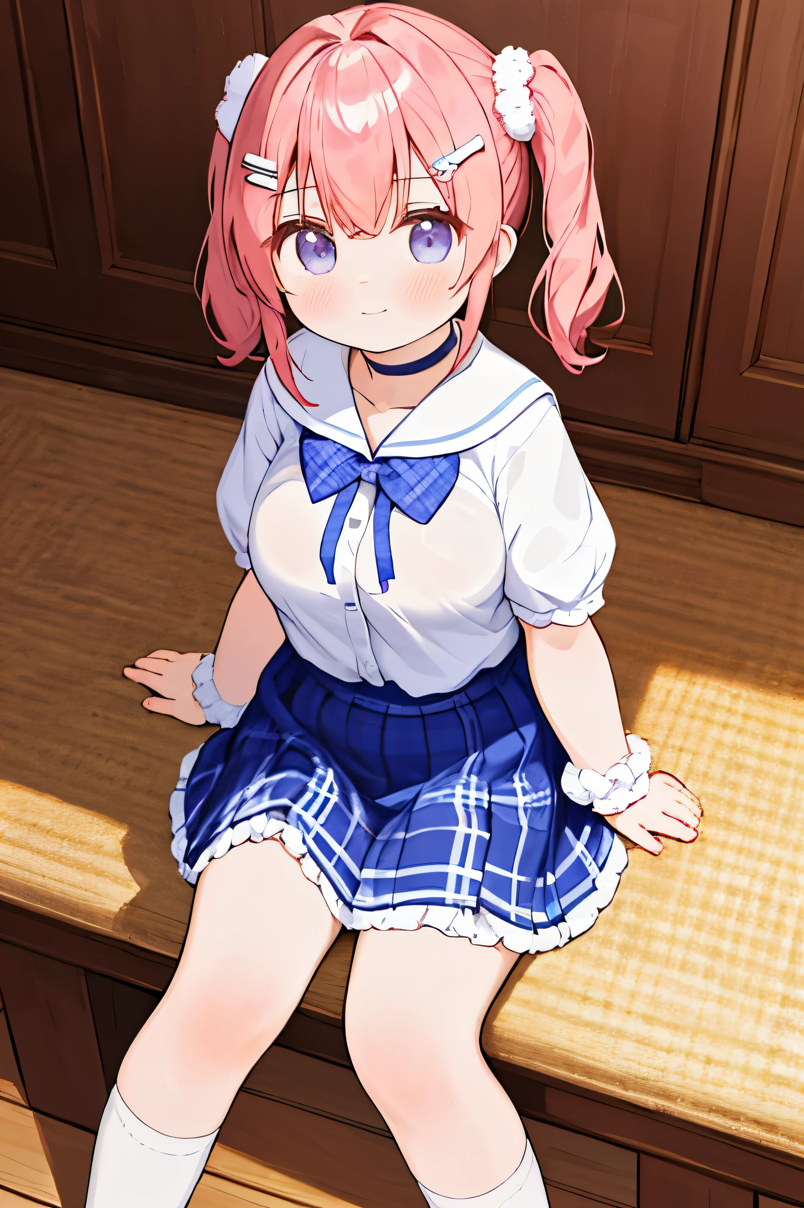 (masterpiece, highest quality, High resolution), photograph a girl from above、1 girl, hair clip, big breasts, school uniform, Rolled up sleeves, Scrunchies on the wrist, white shirt, gingham checked skirt, choker、socks, two side up, girl sitting、Look up and look at the viewer