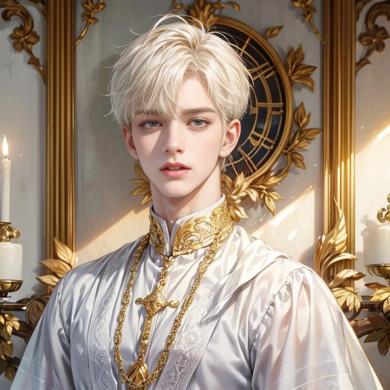 highest quality, table top, white short hair, gold eyes,white clothes, look up, Upper body, Fair skin, One beautiful boy