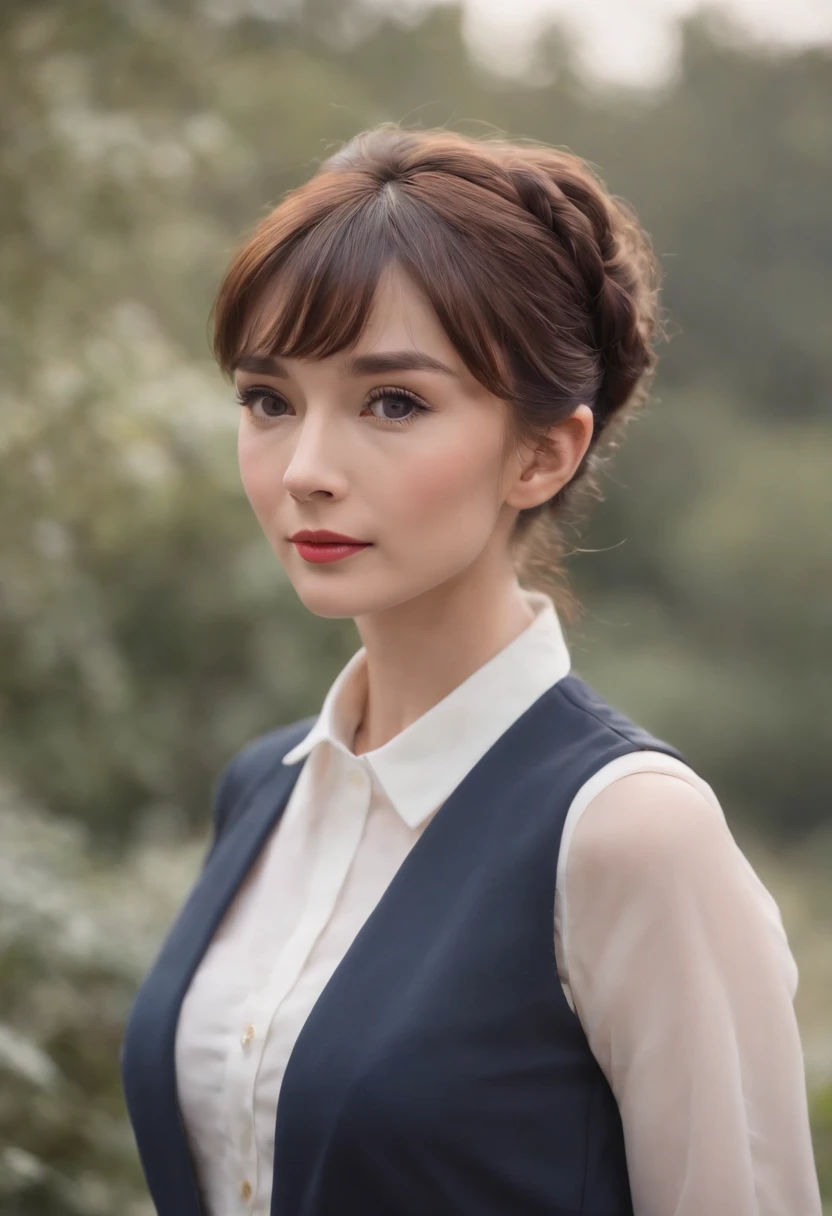 Full body picture, British woman in a suit、Audrey Hepburn, 23 year old beautiful British woman、photo of beautiful woman standing、wearing squirrel ears、hyper quality、High definition、real、16k、4k、white shirt、navy blue vest、Vest button fastening、Dark blue pants、navy blue setup、The hairstyle is short、hair color is brown、highlights in hair、