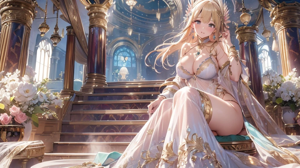 beautiful美しさ, 3D two-dimensional, rich, blonde, skirt, stockings, high heels, poison、star、star、(Highly detailed CG Unity 8K wallpaper),(masterpiece), (最high quality), (Super detailed), (best illustrations),(best shadow), (sharp eyeliner, eye shadow, fine eye:1.1), (超High resolution,realistic,最high quality,realistic),(8K,RAW photo,最high quality,マstarプル),mature woman、sensual curves、huge breasts、thighs、bubble、お尻のmasterpiece, 最high quality, Super detailed, full body shot, mature woman, beautiful mature woman, nightgown and underwear, enchanting smile, thick lips, Chubby lips, blush, looking at the viewer, provocative expression, beautiful髪型, cleavage, Plump、curvy hips、attractive face、sexy lingerie、an inviting gaze、Expression of emotions、Lewd underwear、(((erotic see-through lingerie set)))、Standing position、gorgeous accessories 、big breastsの女性, bare shoulders, golden hair, colored feather, metal ornaments, colored flowers, particle, light, (masterpiece, 最high quality, 最high quality, official art, beautiful and aesthetic:1.2), (1 girl:1.3), very detailed,(fractal art:1.1),(colorful:1.1)、(flowers:1.3),most detailed,(zentangle:1.2), (dynamic pose), (abstract background:1.3), (shiny skin), (lots of colors :1.4), ,(earrings:1.4), (feather:1.4),masterpiece, 最high quality, Super detailed, 30~40 years, full body shot, beautiful 、various hairstyles，gold headband，plump breasts，beautiful butt，greek clothing，Tulle covers the breasts，perfectly proportioned, detailed clothing details,marble，god statue，cinematic lighting, film grain, 8K, masterpiece, Super detailed, high detail, high quality, High resolution,(((NSFW:1.2)))、exposed chest、Openwork decoration，(((see through dress)))、(((解剖学的に正しいbody))) , 最high quality, Super detailed, (((Lewd underwear)))、raise your butt, from below, (((R-18)))、Hakari、thighs, big breasts, Are standing, cowboy shot, blush, (((1 girl))), (masterpiece:1.3), (High resolution), (8K), (very detailed), perfect face, Nice eye and face, (((最high quality))), (Super detailed), detailed face and eye, (alone), High resolution、beautifuleye,(((sexy pose)))、(((整ったbig breasts)))、((beautiful eye))、luxury、(((超High resolution)))、(((detailed description)))、(((ぽっちゃりbody型)))、(((解剖学的構造に一致したbodyの部位)))、beautiful長いまつ毛、バランスのとれたbody型、２Book Arm、2 legs、Just the right size for your legs and arms、Fishnet tights、glamorous、(((Clear white and black eye)))、lipstick、Sparkling、(Undistorted face, eye, body)、jewelry、gem、(長くカールしたbeautifulまつ毛)、(((バランス良いbeautiful胸)))、(Transparent, exquisite skin:1.2)、(((16:Composition suitable for 9 angle of view)))