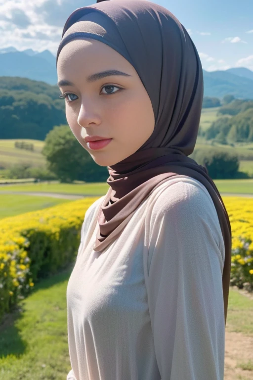 long tshirt Outfit, (RAW photo, Materpiece, Best Quality), Flower Mountain, Landscape view, on the skies wave, Modelling Posing, Clothes that are covered and polite, long-sleeved Hijab clothes, look polite and elegant, ((Best Quality Hijab Hair, Hair close with Hijab)), Full Body Close-Up, (realistic, photo-realistic:1.3), Head Covered With Hijab, best quality of Hijab Girl, Full Hijab Dress, highly detailed Hijab, masterpiece, ultra-detailed, illustration, 1girl, upper_body, dynamic angle, world masterpiece hijabi, best Quality, Amazing, cinematic lighting,
