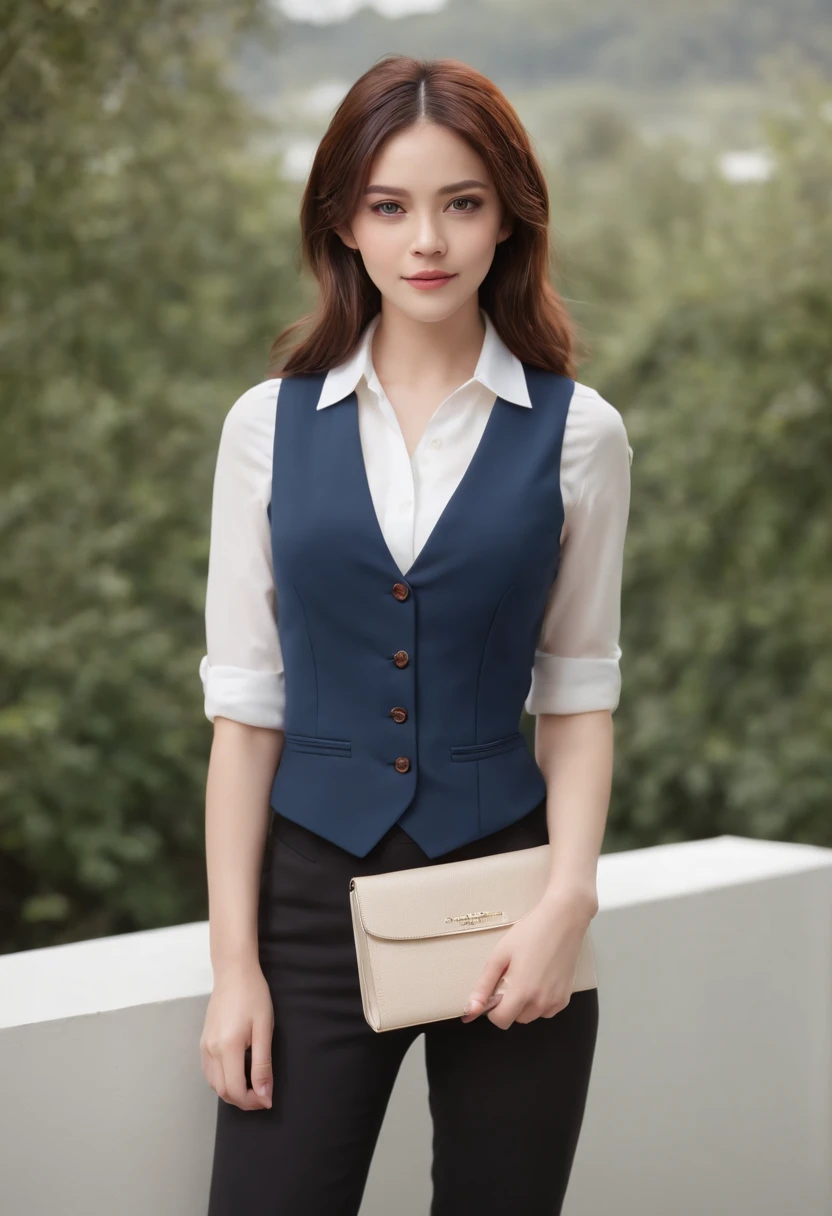 Full body picture, British woman in a suit、Kaya Scodelario, 23 year old beautiful British woman、photo of beautiful woman standing、wearing squirrel ears、hyper quality、High definition、real、16k、4k、white shirt、navy blue vest、Vest button fastening、Dark blue pants、navy blue setup、The hairstyle is short、hair color is brown、highlights in hair、