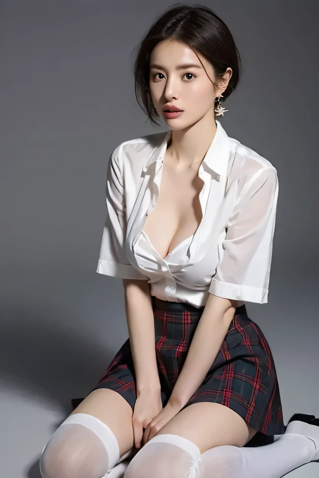 ((highest quality、masterpiece、Ultra-high resolution、8K、UHD))、1 girl、Delicate face、Detailed eyes and face、double eyelid、Pretty Face、Tall and beautiful woman、Long, slender legs、Slim and stylish、bewitching and sexy woman、Obscene、Erotic、(Semi-transparent shirt with collar:1.2)、(Slim Abs:1.2)、(Checkered Skirt:1.3)、(Shiny silk pantyhose)、High heels、Cleavage、Modern architecture in the background、Detailed Background、Tiffany Necklace、Earrings、bracelet