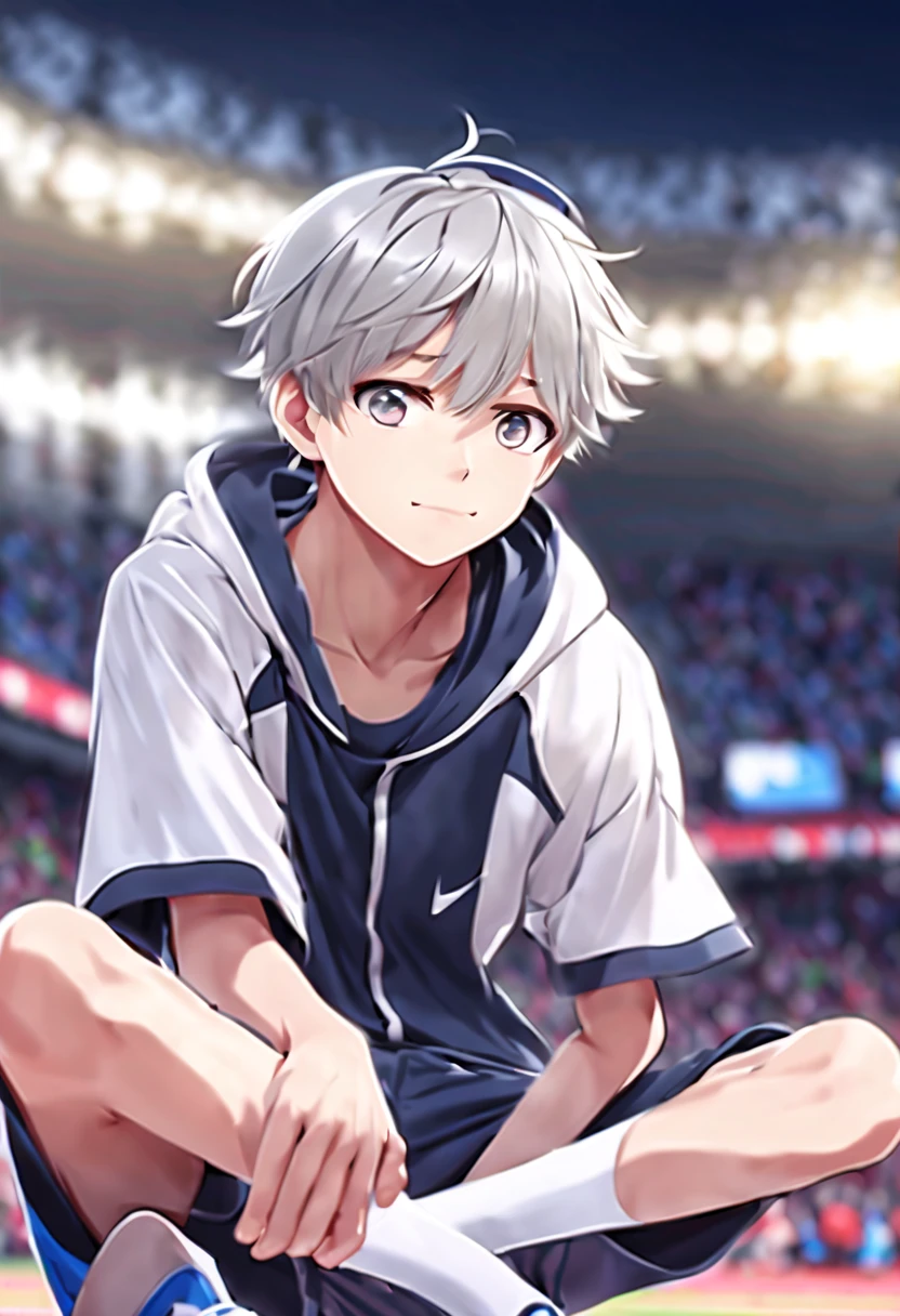 masterpiece,best quality,4k quality,unparalleled clarity,full body character,panoramic, delicate face,
a boy,sports student,Handsome boy,Lovely,12 years old,Shota,anime characters,heterochromatic eyes,look at the audience,giggle,male focus,Gray hair is messy,sportswear,lift up your pants,Open your legs to the audience,sitting position,white socks,Living room background picture clear