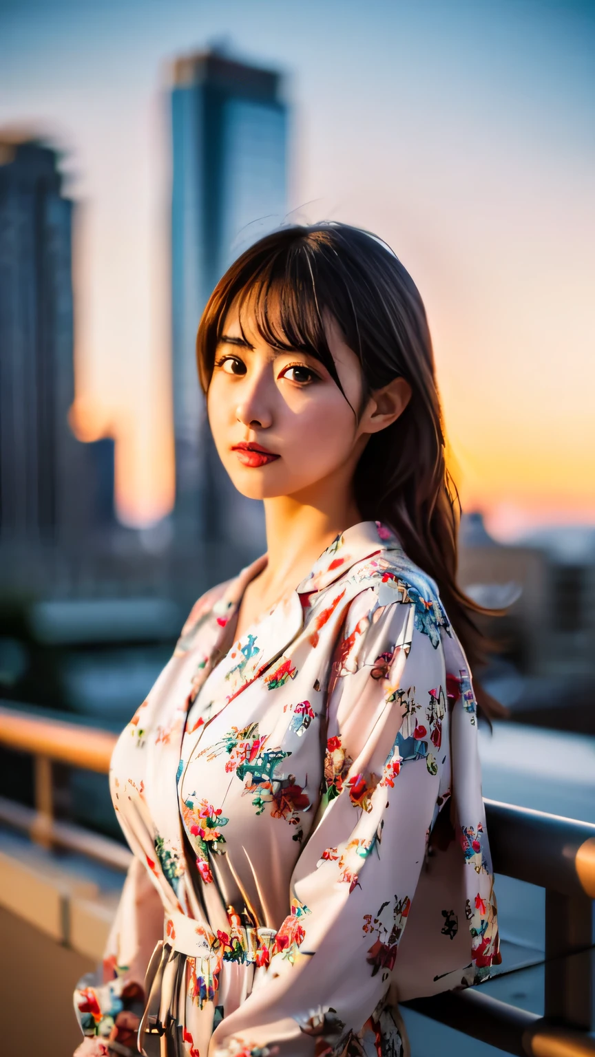 (realistic, photo-realistic:1.4), (extremely detailed 8k wallpaper), sharp focus, depth of field, blur background, detailed beautiful eyes and skin, (Image from thighs to head), Canon R5 50mm, ((Japanese idol)), large breast, Casual floral jumpsuit, Radiant and carefree, Soft sunset hues, City rooftop view,