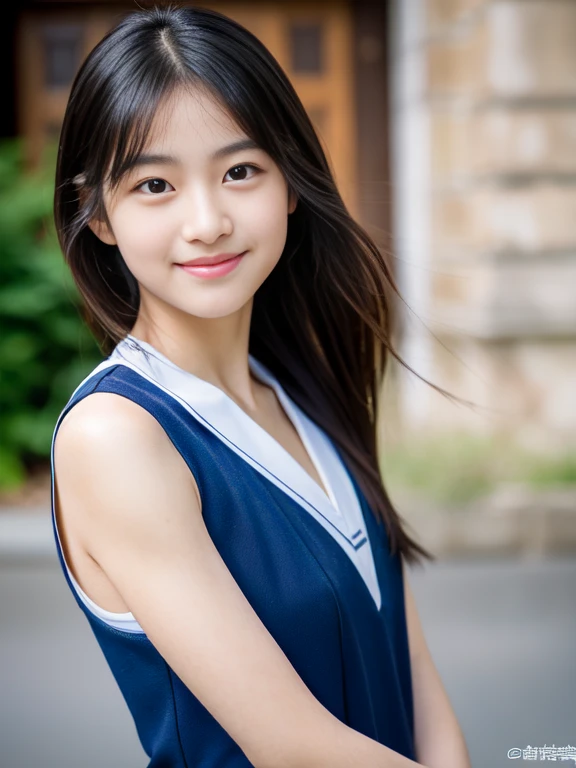 1 Nogizaka Musume, Very cute, a beauty girl, 18year old, Beautiful face, eyes and skin with exquisite detail, Detailed black hair, Smile at the camera, cowboy shot, the way from school to home, profetional lighting, BREAK, (realisitic, Photorealsitic:1.37), 8K, (masterpiece), (top-quality:1.4), (超A high resolution:1.2), (Raw photography:1.2)、(super detailed beautiful cloths)、perfect anatomia、4fingers and 1thumb、hyper detailed background、(Wallpapers by Unity 8K)、School swim wear、body shot
